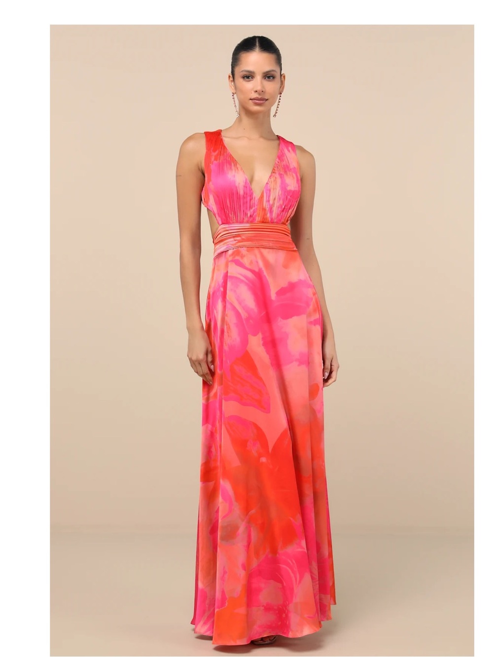 Lulus Dedra Pink and Orange Abstract Pleated Satin Maxi Dress Event